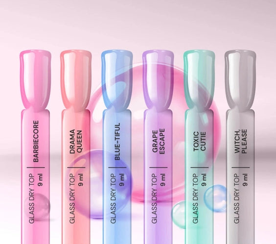 Silcare Glass Dry Top Coat colour collection Barbiecore Drama Queen Blue-Tiful Grape Escape Toxic Cutie Witch Please