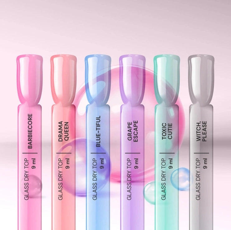 Silcare Glass Dry Top Coat colour collection Barbiecore Drama Queen Blue-Tiful Grape Escape Toxic Cutie Witch Please