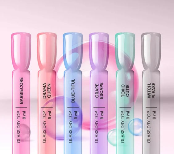 Silcare Glass Top Coat collection including Witch Please translucent black glass effect top coat and coloured glass dry top coats UV/LED no wipe 9ml