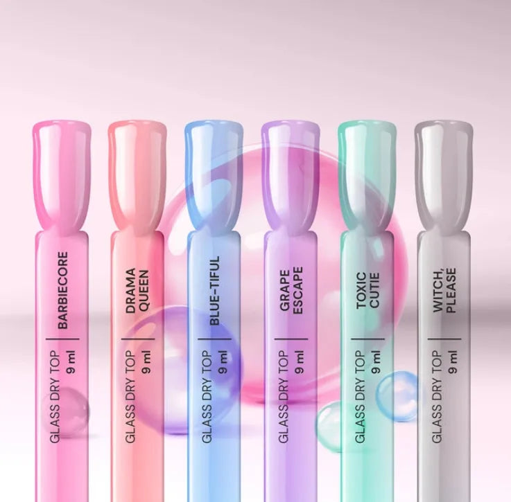 Silcare Glass Top Coat collection including Witch Please translucent black glass effect top coat and coloured glass dry top coats UV/LED no wipe 9ml