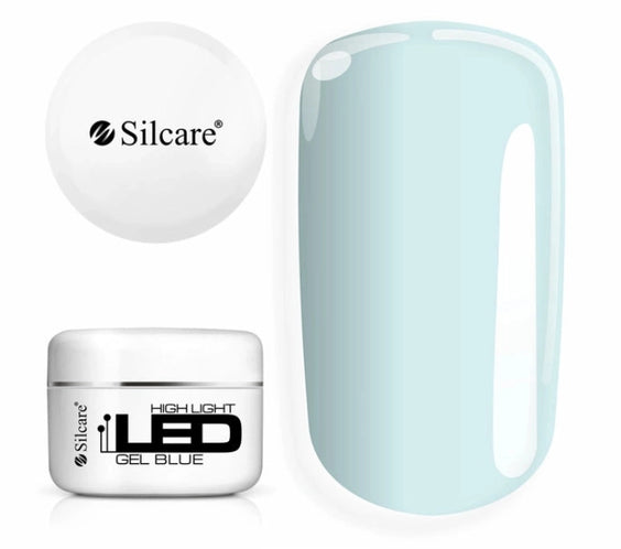 Silcare High Light LED Blue 100g UV/LED builder gel jar with white lid displayed beside a large pastel blue colour swatch, showcasing a translucent icy blue finish with a smooth glossy surface. Professional self-levelling builder gel for salon-quality nail extensions, overlays and natural nail strengthening – Silcare Australia.