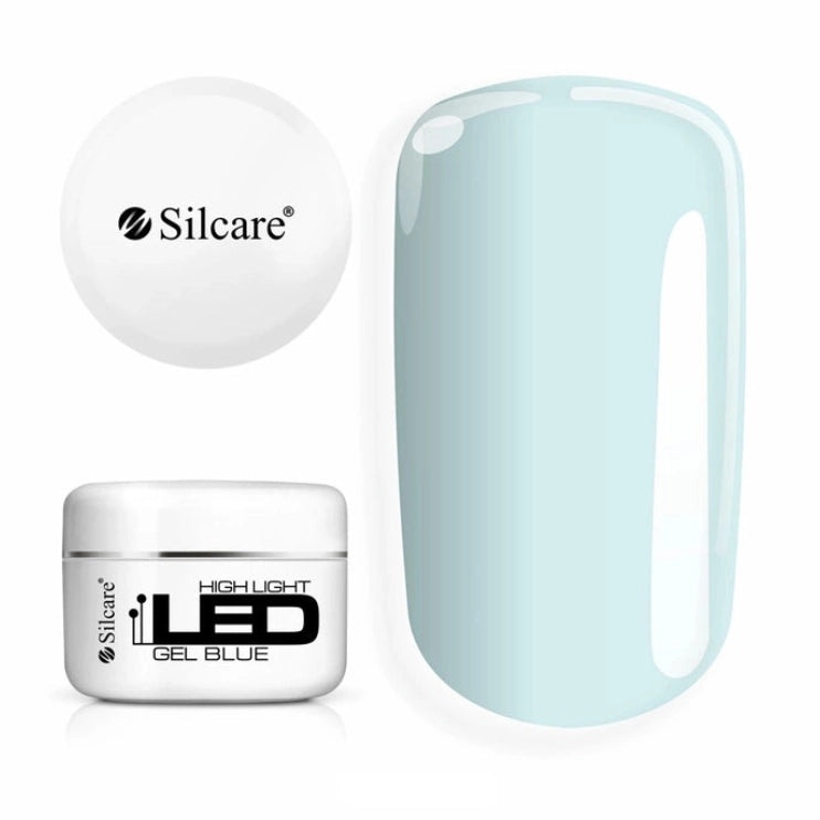 Silcare High Light LED Blue 100g UV/LED builder gel jar with white lid displayed beside a large pastel blue colour swatch, showcasing a translucent icy blue finish with a smooth glossy surface. Professional self-levelling builder gel for salon-quality nail extensions, overlays and natural nail strengthening – Silcare Australia.
