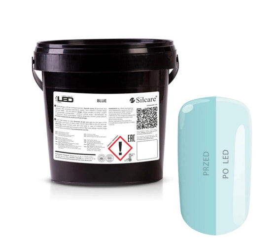 Silcare High Light LED Blue 1kg UV/LED builder gel bucket with matching pastel blue colour swatch, showcasing the gel before and after LED curing with a translucent icy blue finish and glossy surface. Professional self-levelling builder gel for salon-quality nail extensions, overlays and natural nail strengthening – Silcare Australia.