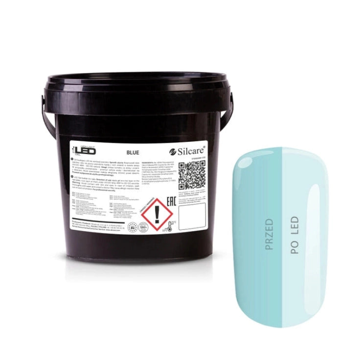 Silcare High Light LED Blue 1kg UV/LED builder gel bucket with matching pastel blue colour swatch, showcasing the gel before and after LED curing with a translucent icy blue finish and glossy surface. Professional self-levelling builder gel for salon-quality nail extensions, overlays and natural nail strengthening – Silcare Australia.
