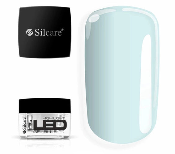 Silcare High Light LED Blue UV/LED builder gel jar with black lid displayed beside a large pastel blue colour swatch, showcasing a translucent icy blue finish with a smooth glossy surface. Professional self-levelling builder gel for salon-quality nail extensions, overlays and natural nail strengthening – Silcare Australia.