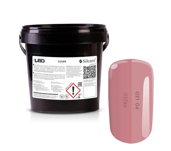 Silcare High Light LED Cover UV/LED builder gel 1kg bucket displayed beside a large colour swatch, showcasing a natural dusty pink cover shade with a glossy salon-quality finish. Professional self-levelling HEMA-free builder gel for nail extensions, overlays, apex building and natural nail reinforcement – Silcare Australia.