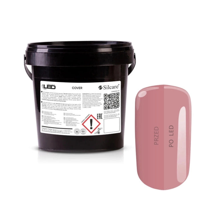 Silcare High Light LED Cover UV/LED builder gel 1kg bucket displayed beside a large colour swatch, showcasing a natural dusty pink cover shade with a glossy salon-quality finish. Professional self-levelling HEMA-free builder gel for nail extensions, overlays, apex building and natural nail reinforcement – Silcare Australia.