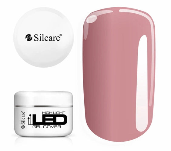 Silcare High Light LED Cover UV/LED builder gel 100g jar displayed beside a large colour swatch, showcasing a natural dusty pink cover shade with a glossy salon-quality finish. Professional self-levelling HEMA-free builder gel for nail extensions, overlays, apex building and natural nail reinforcement – Silcare Australia.