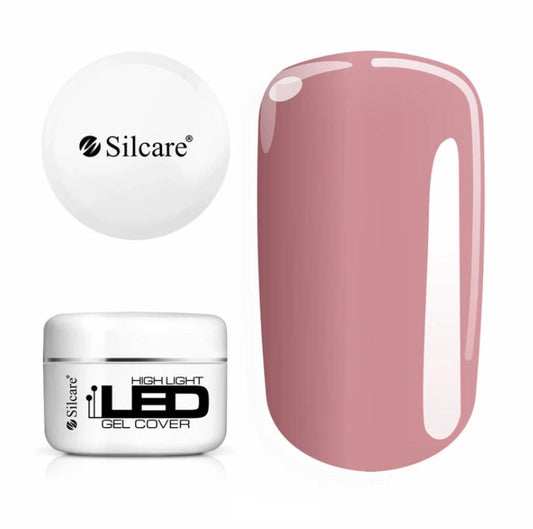 Silcare High Light LED Cover UV/LED builder gel 100g jar displayed beside a large colour swatch, showcasing a natural dusty pink cover shade with a glossy salon-quality finish. Professional self-levelling HEMA-free builder gel for nail extensions, overlays, apex building and natural nail reinforcement – Silcare Australia.