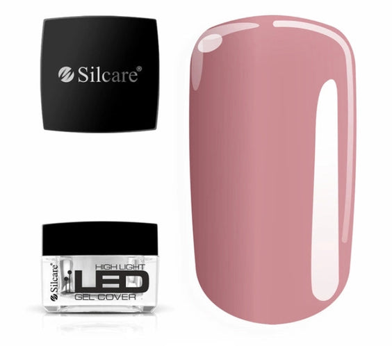 Silcare High Light LED Cover UV/LED builder gel 15g jar with black lid displayed beside a large colour swatch, showcasing a natural dusty pink cover shade with a glossy salon-quality finish. Professional self-levelling HEMA-free builder gel for nail extensions, overlays, apex building and natural nail reinforcement – Silcare Australia.