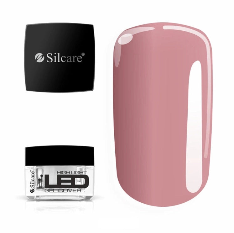 Silcare High Light LED Cover UV/LED builder gel 15g jar with black lid displayed beside a large colour swatch, showcasing a natural dusty pink cover shade with a glossy salon-quality finish. Professional self-levelling HEMA-free builder gel for nail extensions, overlays, apex building and natural nail reinforcement – Silcare Australia.