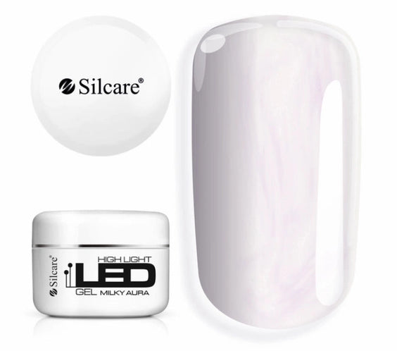 Silcare High Light LED Milky Aura 100g UV/LED builder gel jar with white lid displayed beside a large colour swatch, showcasing a translucent milky white finish with luminous pink and pearl iridescent aura reflections. Professional self-levelling builder gel for elegant salon-quality nail extensions, overlays and natural nail strengthening – Silcare Australia.