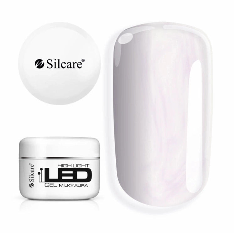 Silcare High Light LED Milky Aura 100g UV/LED builder gel jar with white lid displayed beside a large colour swatch, showcasing a translucent milky white finish with luminous pink and pearl iridescent aura reflections. Professional self-levelling builder gel for elegant salon-quality nail extensions, overlays and natural nail strengthening – Silcare Australia.