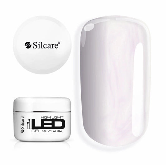 Silcare High Light LED Milky Aura 100g UV/LED builder gel jar with white lid displayed beside a large colour swatch, showcasing a translucent milky white finish with luminous pink and pearl iridescent aura reflections. Professional self-levelling builder gel for elegant salon-quality nail extensions, overlays and natural nail strengthening – Silcare Australia.