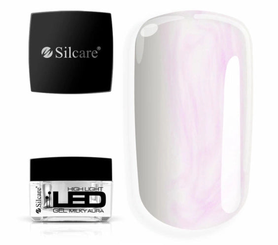 Silcare High Light LED Milky Aura UV/LED builder gel jar with black lid displayed beside a large colour swatch, showcasing a translucent milky white finish with luminous pink and pearl iridescent aura reflections. Professional self-levelling builder gel for elegant salon-quality nail extensions and overlays – Silcare Australia.