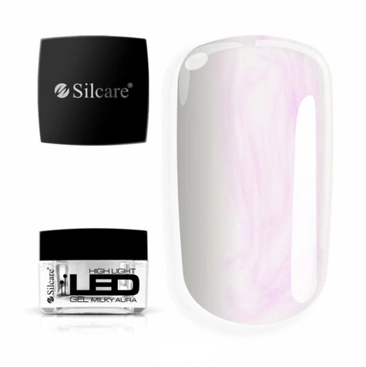 Silcare High Light LED Milky Aura UV/LED builder gel jar with black lid displayed beside a large colour swatch, showcasing a translucent milky white finish with luminous pink and pearl iridescent aura reflections. Professional self-levelling builder gel for elegant salon-quality nail extensions and overlays – Silcare Australia.