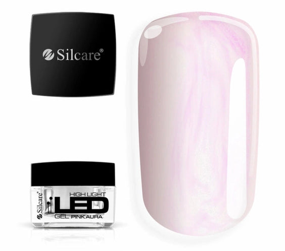 Silcare High Light LED Pink Aura builder gel with product jar and colour swatch, showcasing a translucent milky pink finish with luminous iridescent pearl shimmer, self-levelling UV/LED builder gel for elegant salon-quality nail enhancements – Silcare Australia.