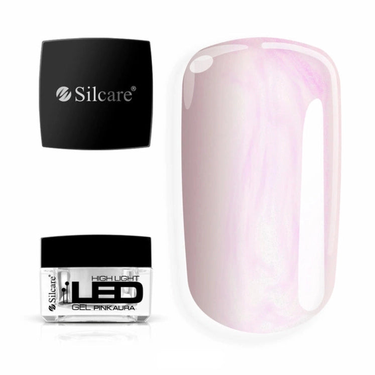 Silcare High Light LED Pink Aura builder gel with product jar and colour swatch, showcasing a translucent milky pink finish with luminous iridescent pearl shimmer, self-levelling UV/LED builder gel for elegant salon-quality nail enhancements – Silcare Australia.