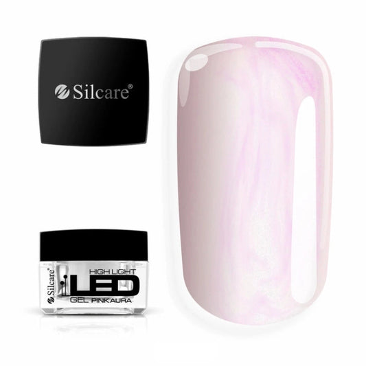 Silcare High Light LED Pink Aura builder gel with product jar and colour swatch, showcasing a translucent milky pink finish with luminous iridescent pearl shimmer, self-levelling UV/LED builder gel for elegant salon-quality nail enhancements – Silcare Australia.