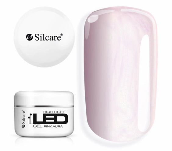 Silcare High Light LED Pink Aura builder gel in white jar with matching colour swatch, showcasing a translucent milky pink finish with radiant iridescent pearl shimmer, self-levelling UV/LED builder gel for elegant, long-lasting salon-quality nail enhancements – Silcare Australia.