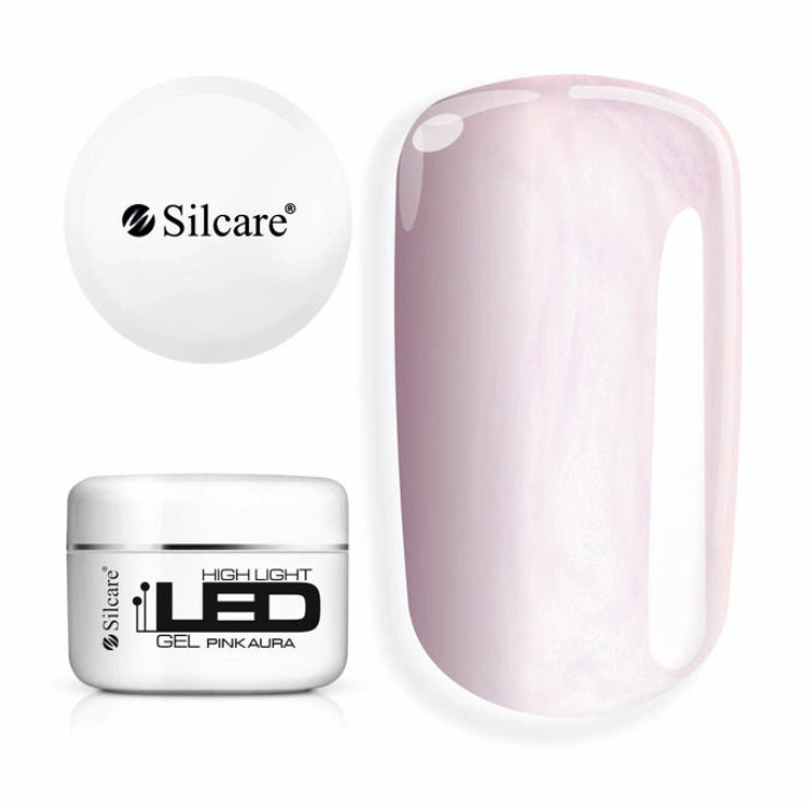 Silcare High Light LED Pink Aura builder gel in white jar with matching colour swatch, showcasing a translucent milky pink finish with radiant iridescent pearl shimmer, self-levelling UV/LED builder gel for elegant, long-lasting salon-quality nail enhancements – Silcare Australia.