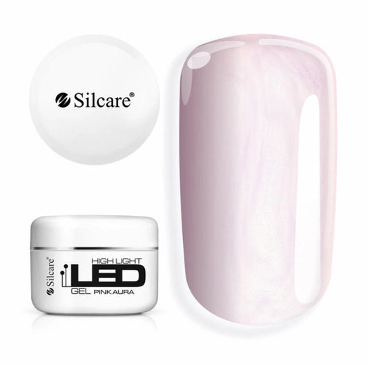 Silcare High Light LED Pink Aura builder gel in white jar with matching colour swatch, showcasing a translucent milky pink finish with radiant iridescent pearl shimmer, self-levelling UV/LED builder gel for elegant, long-lasting salon-quality nail enhancements – Silcare Australia.
