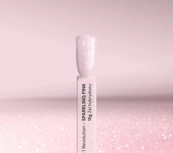 Silcare Hybrid Base 10in1 Revolution Sparkling Pink 15g hybrid gel with fine glitter particles and a soft pink finish