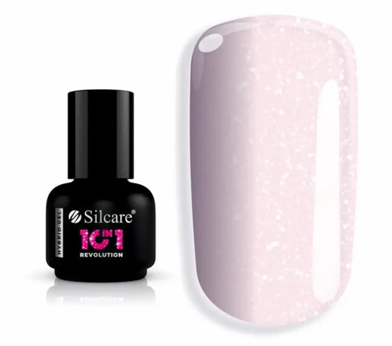 Silcare Hybrid Base 10in1 Revolution Sparkling Violet builder gel bottle with translucent pink gel and fine glitter particles