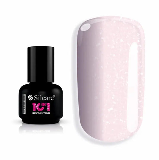 Silcare Hybrid Base 10in1 Revolution Sparkling Violet builder gel bottle with translucent pink gel and fine glitter particles