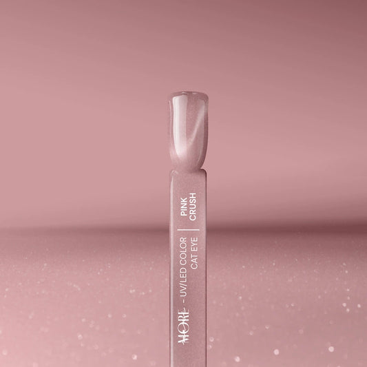 Pink Crush Cat Eye gel nail polish swatch by Silcare maniMORE; showing the UV/LED magnetic metallic glow and velvet finish on a long nail tip.