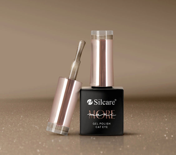 Silcare maniMORE Cat Eye Gold Rush magnetic gel polish bottle and brush, showing the shimmering champagne gold metallic pigment and sleek rose gold packaging.