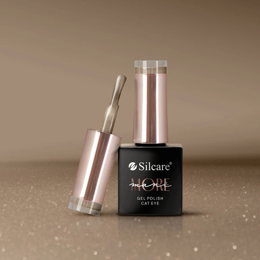 Silcare maniMORE Cat Eye Gold Rush magnetic gel polish bottle and brush, showing the shimmering champagne gold metallic pigment and sleek rose gold packaging.