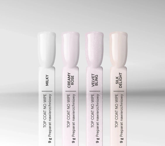 Silcare milky no wipe top coat collection swatches Milky Creamy Rose Velvet Bling Silk Delight UV LED gel top coats.