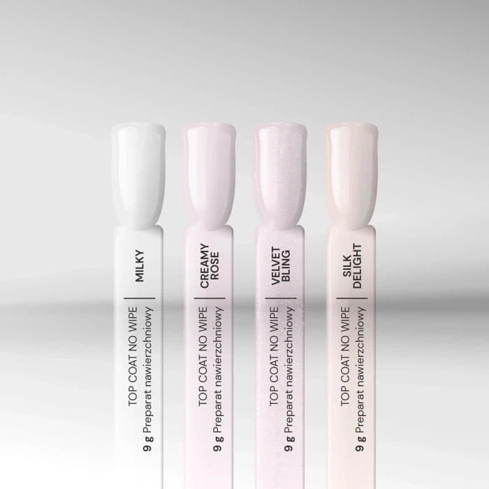 Silcare milky no wipe top coat collection swatches Milky Creamy Rose Velvet Bling Silk Delight UV LED gel top coats.