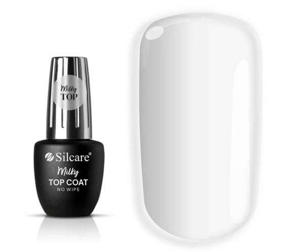 Silcare Milky Top Coat No Wipe gel nail polish bottle with a white semi-transparent swatch.