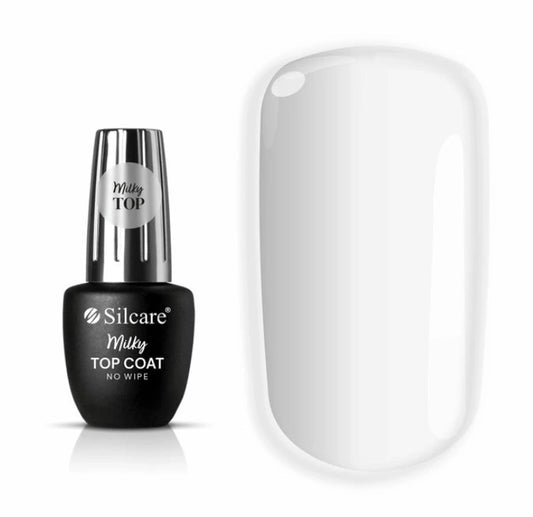 Silcare Milky Top Coat No Wipe gel nail polish bottle with a white semi-transparent swatch.