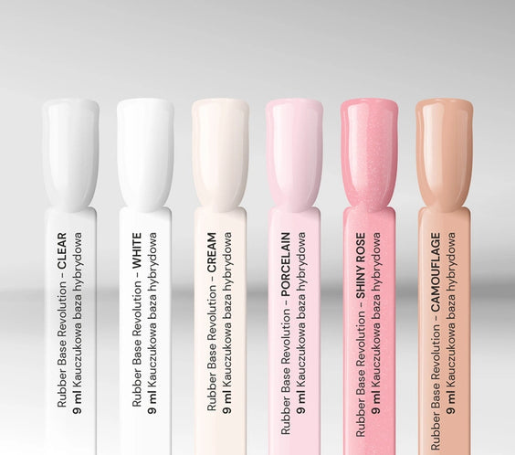 Professional Silcare Rubber Base Revolution 9ml nail swatch sticks collection featuring Clear, White, Cream, Porcelain, Shiny Rose, and Camouflage shades with a glossy salon-quality finish.