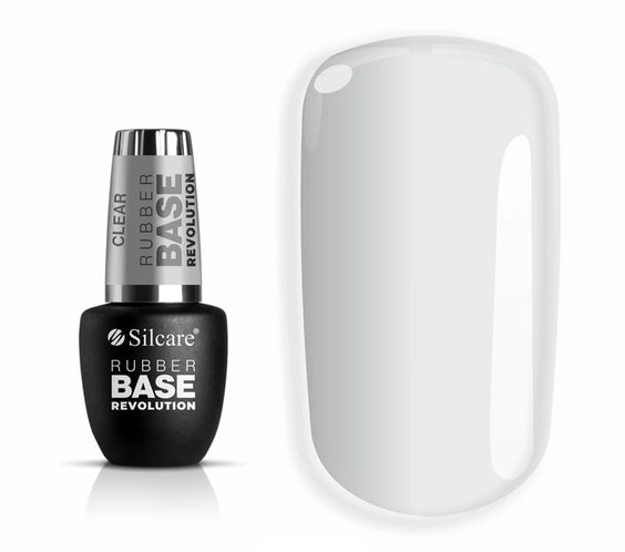 Silcare Rubber Base Revolution Clear nail gel bottle standing, professional aesthetic studio lighting for high-end nail technician supplies.