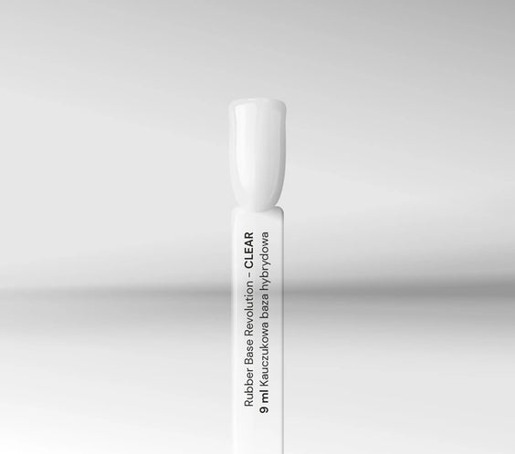 Clear Silcare Rubber Base Revolution 9ml nail swatch stick showing the transparent, high-gloss finish of the professional soak-off gel base coat.