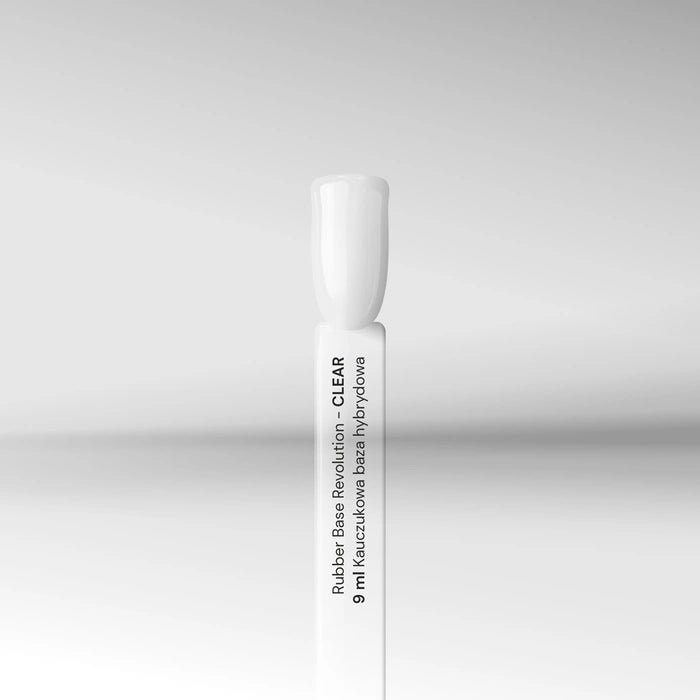 Clear Silcare Rubber Base Revolution 9ml nail swatch stick showing the transparent, high-gloss finish of the professional soak-off gel base coat.