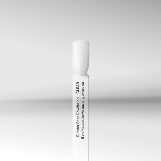 Clear Silcare Rubber Base Revolution 9ml nail swatch stick showing the transparent, high-gloss finish of the professional soak-off gel base coat.