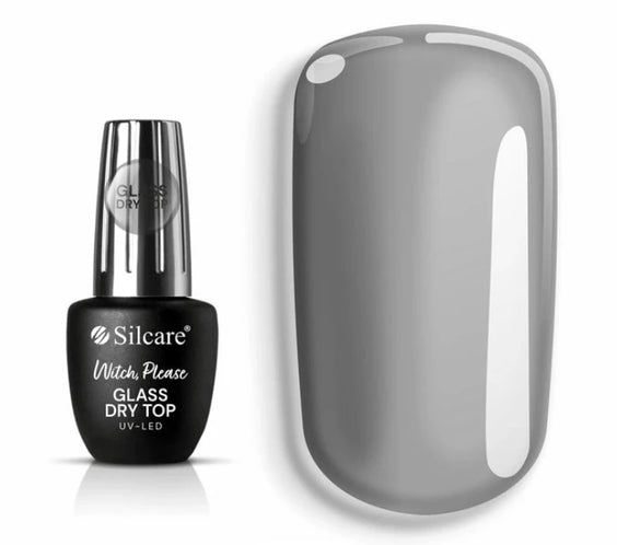 Silcare Witch Please Glass Dry Top UV/LED gel top coat bottle with grey glass nail effect swatch, high gloss transparent glass effect top coat for gel nails