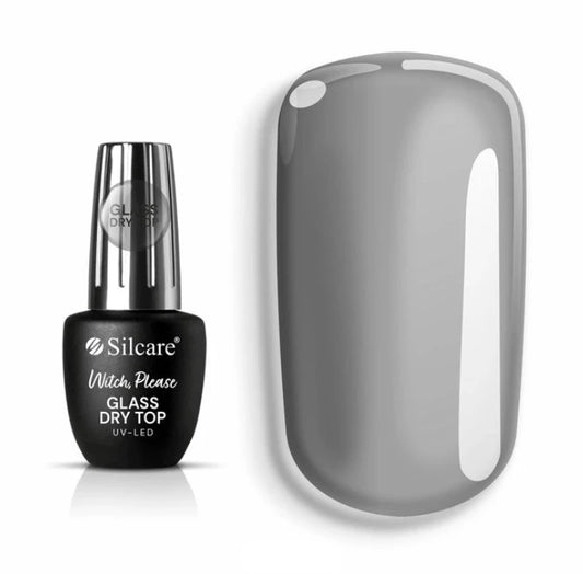 Silcare Witch Please Glass Dry Top UV/LED gel top coat bottle with grey glass nail effect swatch, high gloss transparent glass effect top coat for gel nails