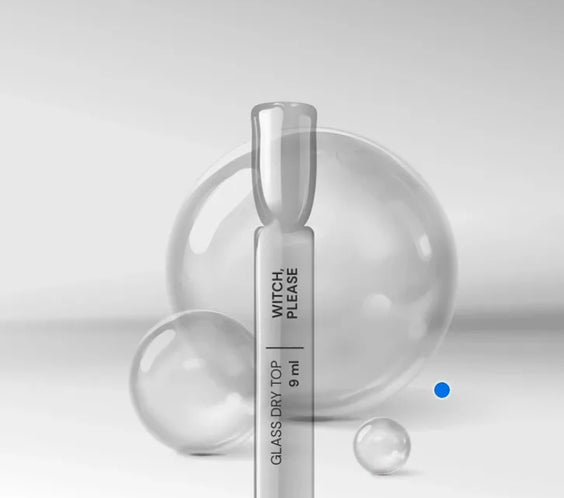 Silcare Witch Please Glass Top Coat bottle with glass effect spheres background, translucent black no wipe UV/LED top coat for glass nail effect