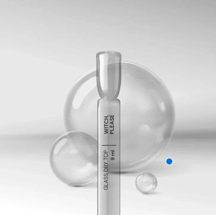 Silcare Witch Please Glass Top Coat bottle with glass effect spheres background, translucent black no wipe UV/LED top coat for glass nail effect