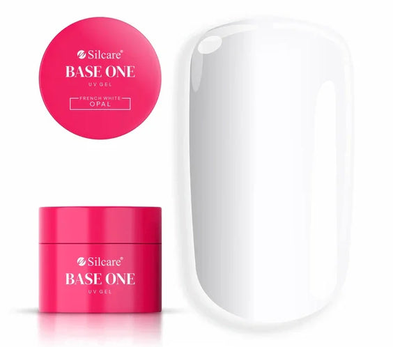 Silcare Base One UV Gel in French White Opal showing the pink product jar and a high-gloss white nail polish swatch by Silcare.